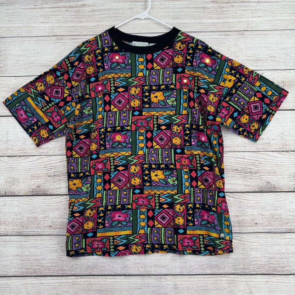 Vintage Shenanigans Shirt Womens Large Floral Geometric 90s‎ Tee
